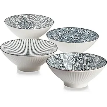 Qinlang 38 oz Japanese Ramen Bowls, Cereal Bowls, Soup Bowls, Pho Bowls, Noodle Bowls, Blue and White Ceramic Bowls Set of 4, 8 inches