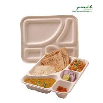 Sugarcane Baggase Pulp 5 Compartment Meal Tray With Lid, For Restaurant, Size: 240x200x45MM