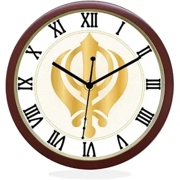 24K GOLD PLATED WALL CLOCK BROWN ROUND ROMAN KHANDA SAHIB