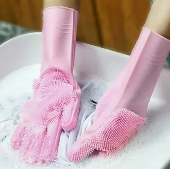 Pink Hand Scrubber Kitchen Glove, Design/Pattern: Plain