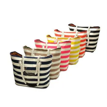 Natural Canvas Color cotton with polyester lining Striped Beach Bags