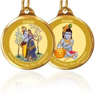 24K GOLD PLATED PENDANT DOUBLE SIDED SIZE 22MM RADHA KRISHNA & BALGOPAL