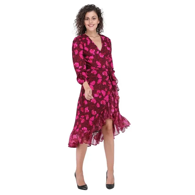 Polyester Litlu Magent Pink Floral Wrap Dress, Size: M