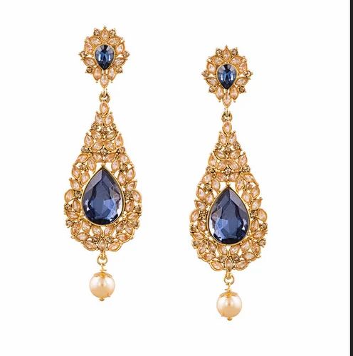 Classic Line Gold Sia Blue Stone Studded Drop Earring