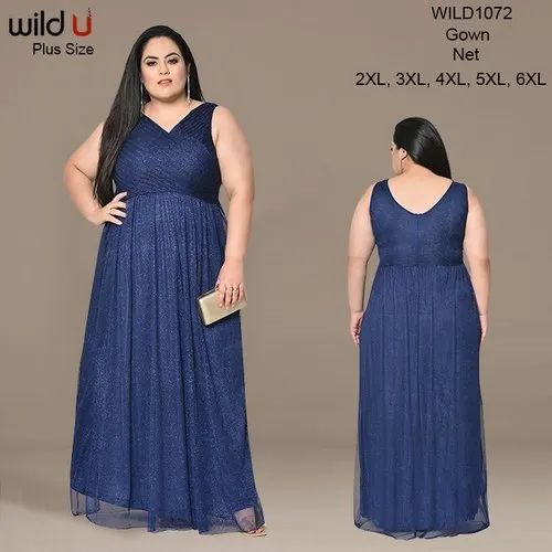 Glitter Wild U Women Blue Pleated Plus Size Prom Gown