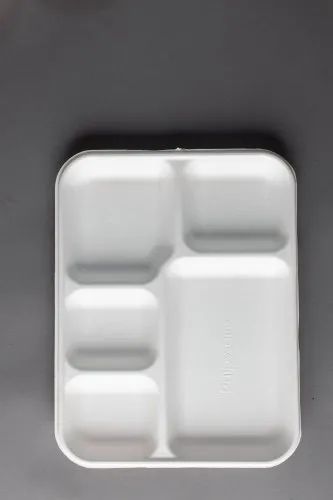 Bagasse Pulpware 5-Compartment Tray, For Restaurant, Rectangle