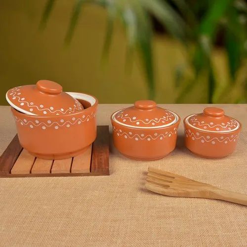 Studio Pottery Handpainted Ceramic Serving Donga (Set of 3, Terracotta Brown)