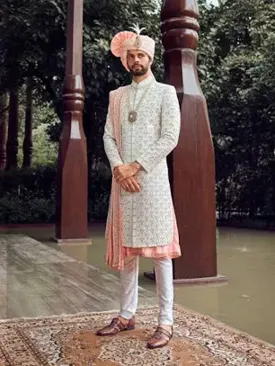 White & Peach Wedding Wear Silk Sherwani For Groom By Suvidha