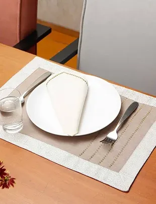 Table Mats and Napkins Cotton and Polyester Embroidered Table Beige and Off-White - 13" x 19" ; 16" x 16" - Set of 6 White