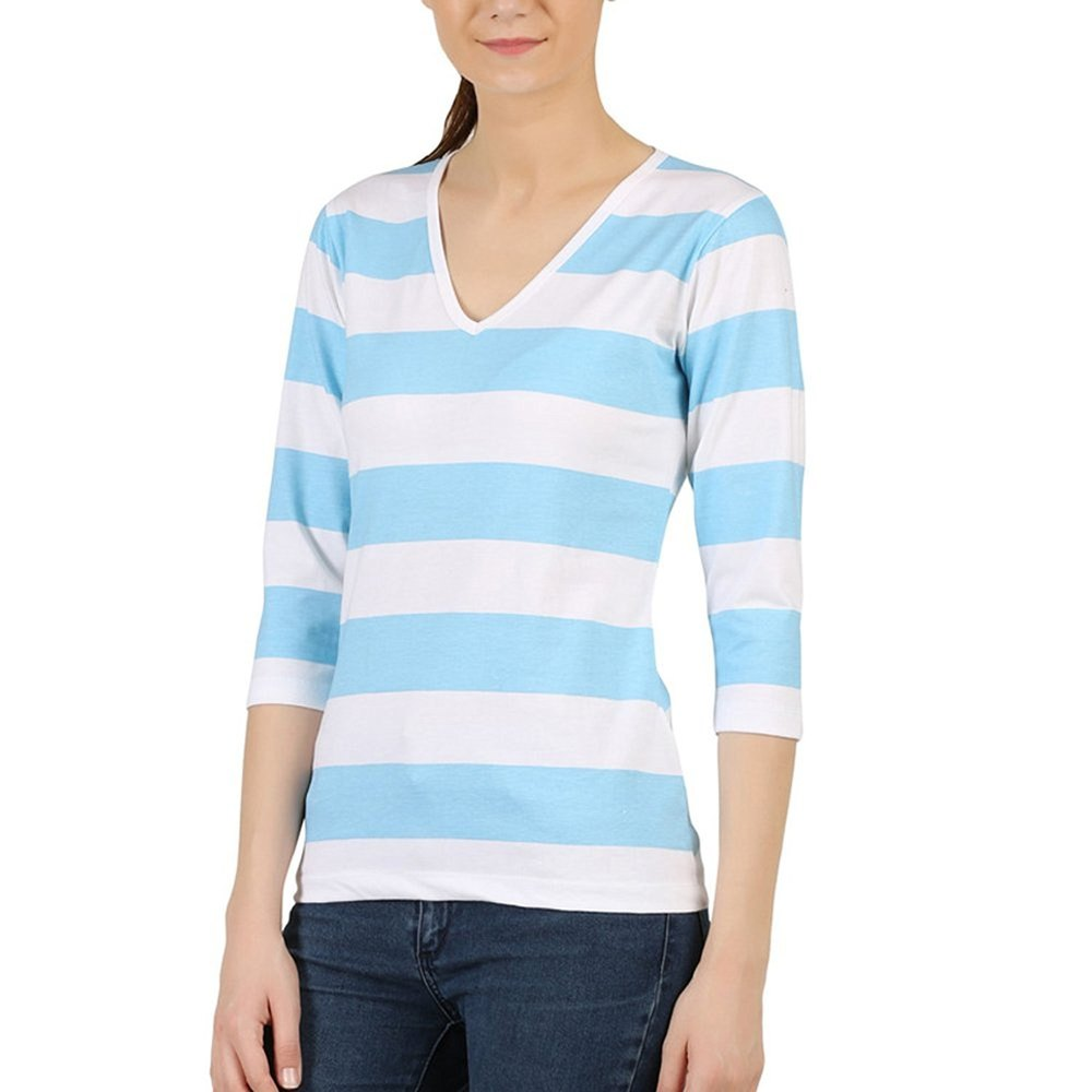 V-Neck Cotton Clifton Womens Bold Stripes 3/4 Th Sleeve T-shirt