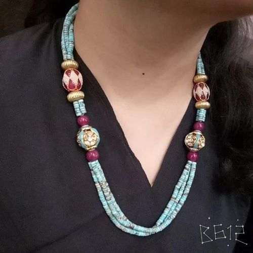 Sterling Silver Handcrafted 22 Ct Gold Plated Beads Synthetic Turquoise With Kundan Ball