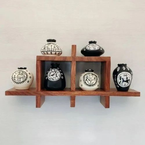 Wood Wall Shelf With Decorative Vases