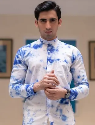 Buy Blue Tie and Dye Chinese Collar Shirt Online At Best Prices | Tistabene XL