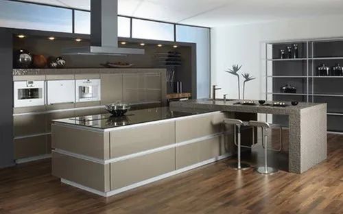 Wooden Rectangular Grey Modular Kitchen Cabinets