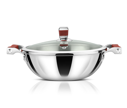 Avonware Whole Body Clad Stainless Steel 26cm Triply Wok With Glass Lid - 3.2 Liters