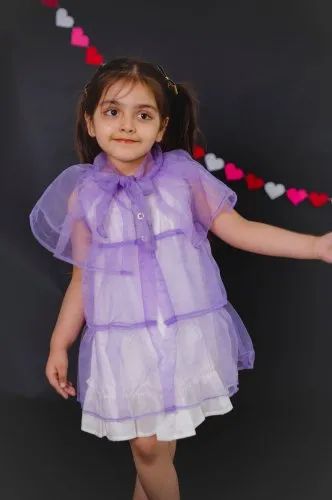 Organza & Cotton Regular Wear Purple Lavender Layered Shrug With Ruffle Frock, Age Group: 2-12 Years