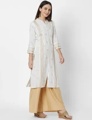 Women White & Gold-Coloured Foil Printed A-Line Kurta