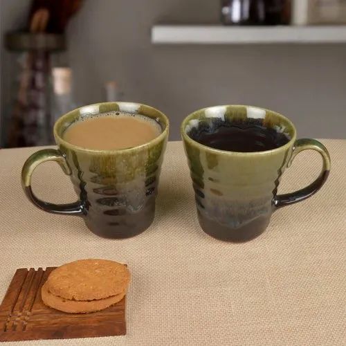 Hand Glazed Dual Tone Ceramic Milk Mugs (300 ml, Set of 2, Black, Green)