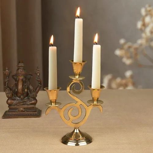 Glossy Handcrafted Brass 3 Arm Candle Holder (Height - 17.5, 225 gm)