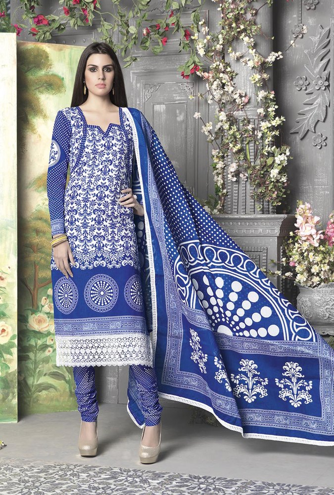 Blue And White Cotton Unstitched Suits