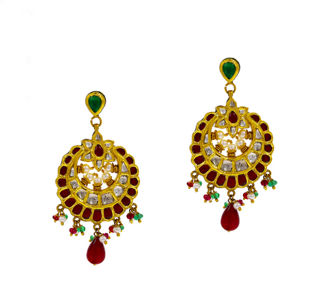 Gold Earring With Polki Ruby Emerald And Pearl Stones