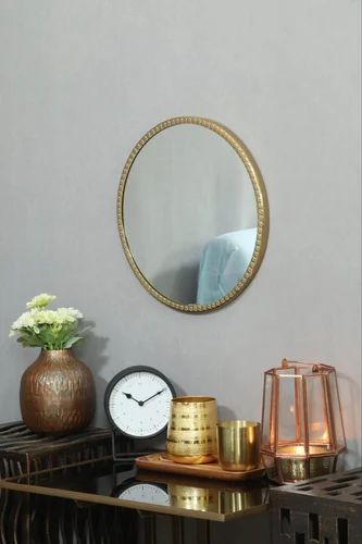 Aluminium Concave Glass Gold Round Wall Mirror, Size: 11inch