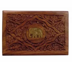 Brown Wooden Jewelry Box Center Elephant Carving Work