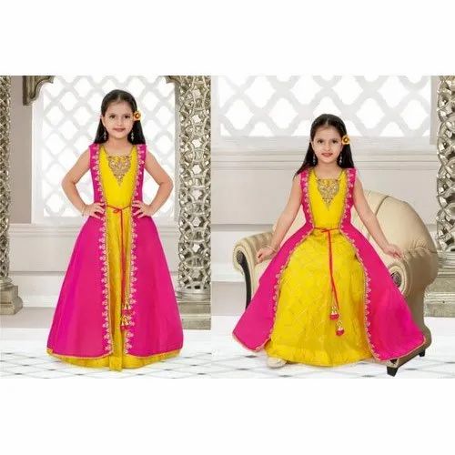 Wedding Wear Kids Dress Girls Pink And Yellow Long Gown, 24-38