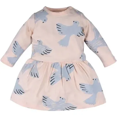 Nino Bambino 100% Organic Cotton Long Sleeve Bird Print Pink Winter Dress For Baby Girls