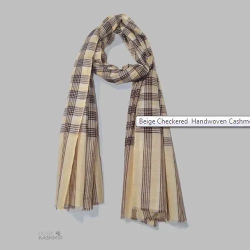 Beige Checkered Handwoven Cashmere Pashmina