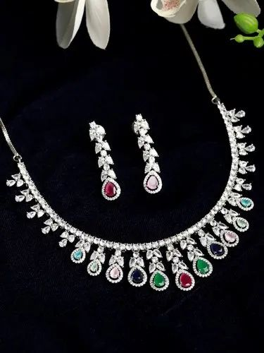 Brass Silver Priyaasi Contemporary Multi American Diamond Jewellery Set