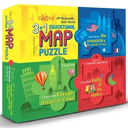 3 in 1 Educational World Map Puzzle with 40 Re-usable Quiz Sheets (Includes World Map, India Map and Europe Map)