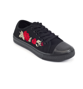 Black Pu Canvas Lace Up Embroidery Trainers
