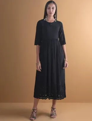 Buy Black Schiffli Rayon Dress - 8404MJ-XS | Libas Ethnic Wear Online M