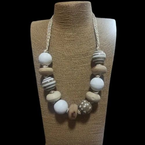 White and Brown Wooden Bead Necklace, Party